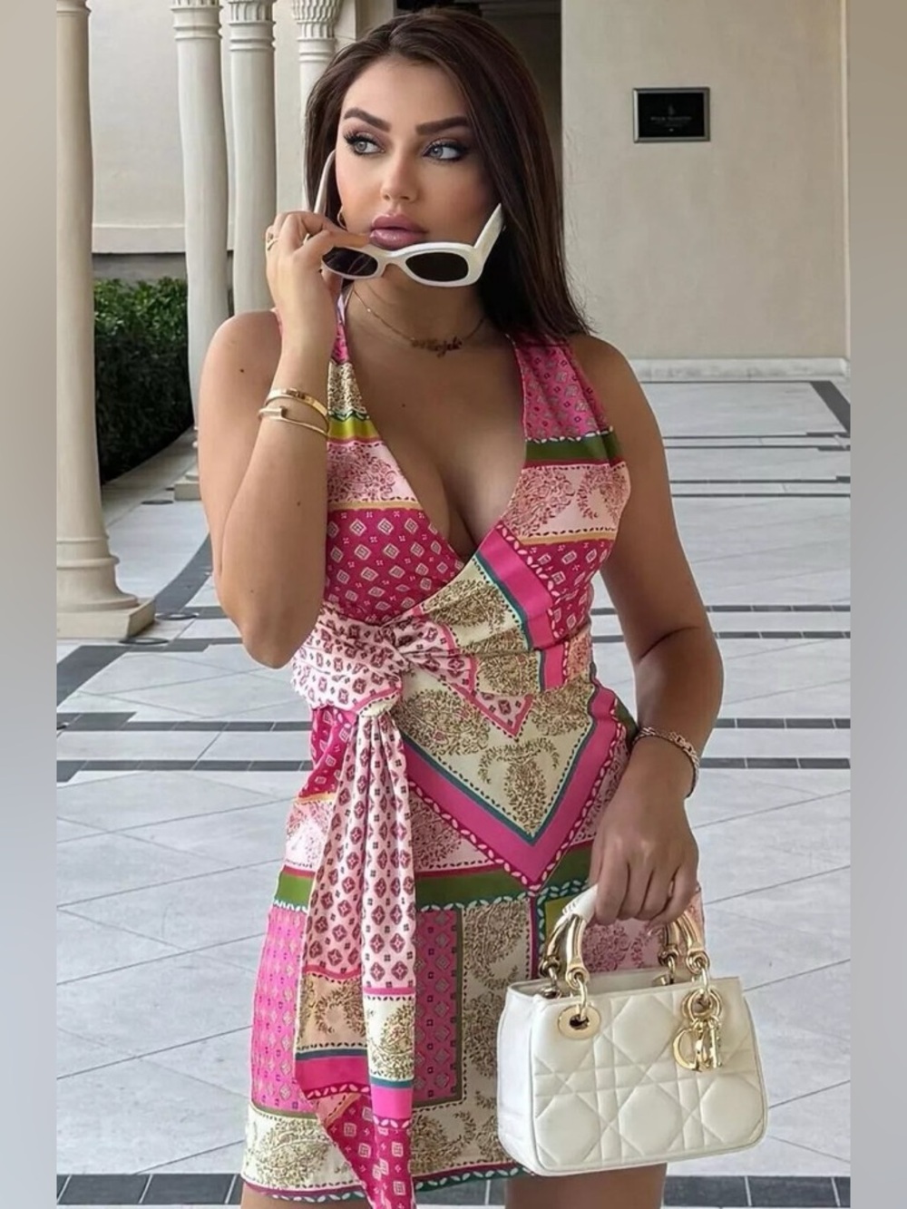 Zara Hot Pink, Cream and Green Patterned Wrap Dress
